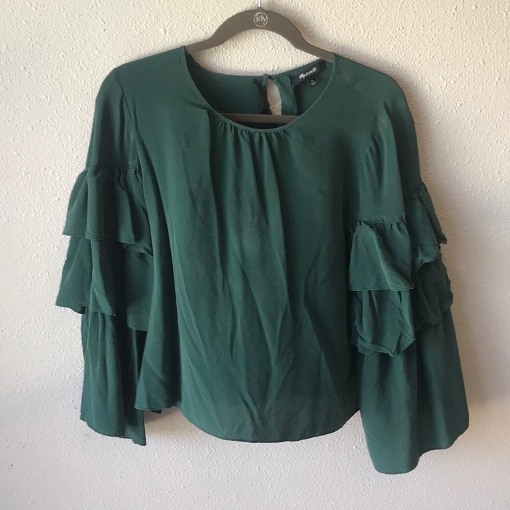 Madewell silk ruffle top in Emerald green XL